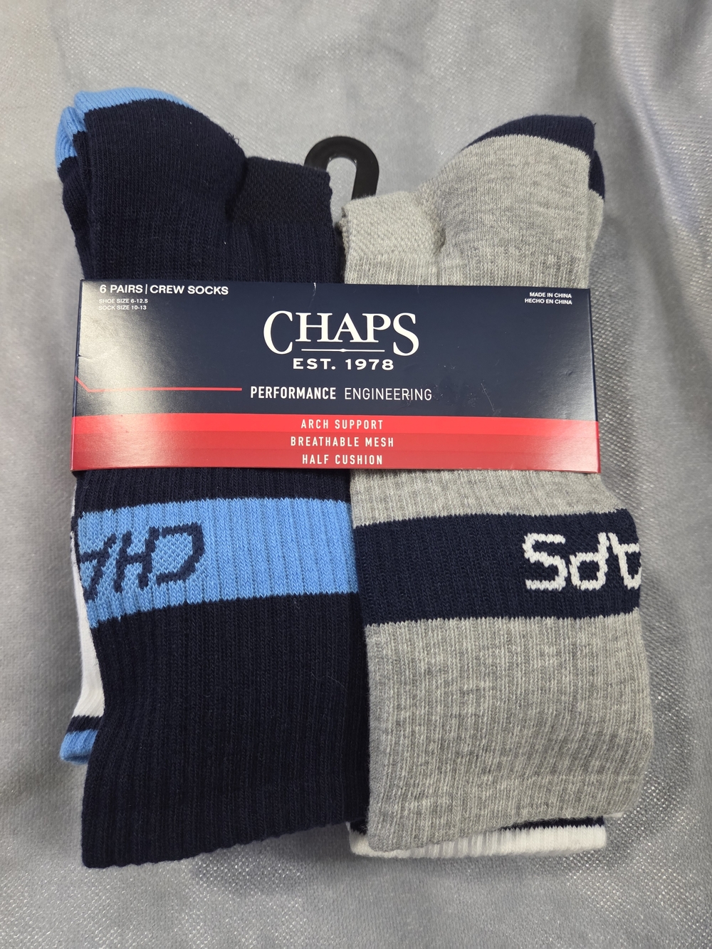 CHAPS Men’s Crew Socks 6-Pack - Navy, Light Blue & Gray